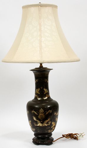 CHINESE GILT DECORATED BLACK LACQUER VASE MOUNTED AS  A LAMP, H 15" 
