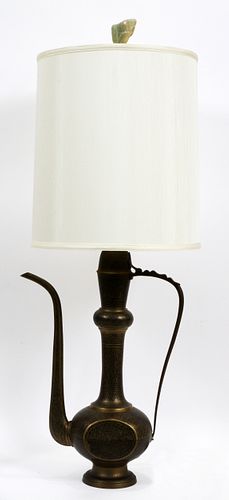 TURKISH BRASS EWER LAMP, H 44" TOTAL, DIA 16"