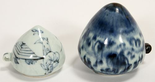 CHINESE MING INFLUENCE BLUE AND WHITE PORCELAIN BIRD FEEDERS, TWO, H 3.25" TO 3.75" DIA 2" TO 3" 