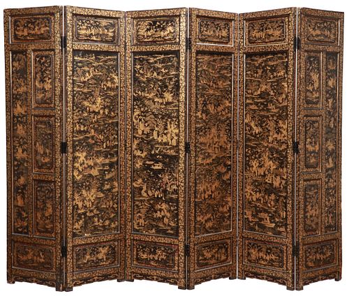 CHINESE SIX PANEL BLACK LACQUERED SCREEN C.1800, H 7' 3" W 11' 