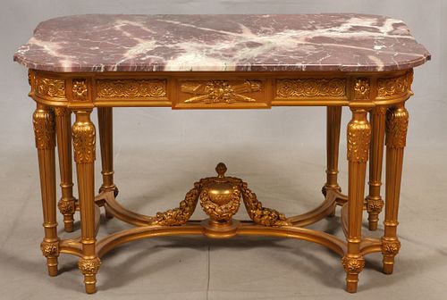 LOUIS XVI STYLE, CARVED GILTWOOD AND MARBLE TOP TABLE, H 30", W 50", D 30" 