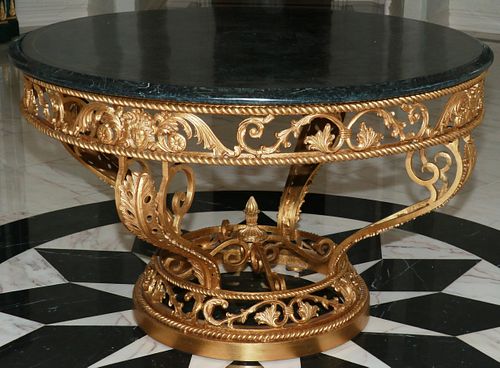 HENREDON FRENCH STYLE BRONZE & FAUX MARBLE TABLE, H 30", DIA 48"