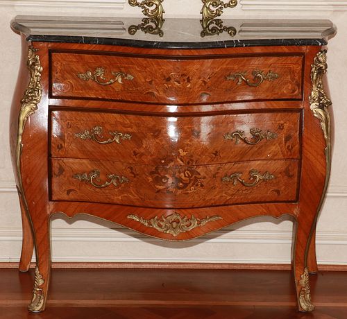 LOUIS XV STYLE SATINWOOD MARBLE TOP COMMODE, H 35", W 41", D 18"