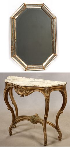 MARBLE TOP CONSOLE & MIRROR H 35"-36", W 24"-39" D 17" 