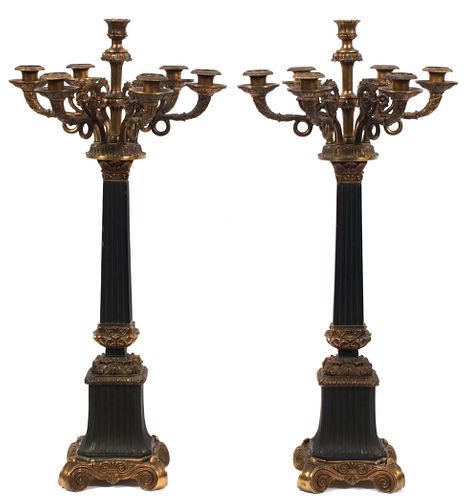 FRENCH EMPIRE STYLE BRONZE & METAL CANDELABRUM, PAIR, H 28", W 13"
