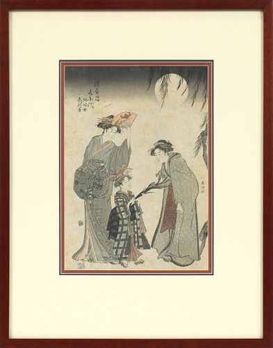YUSHIDO SHUNCHO (JAPAN, FL. 1770-90), WOODBLOCK PRINT, H 14", L 9.75", PAUSING TO VIEW MOONLIGHT 