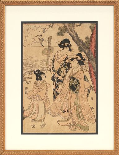 KITAO SHIGEMASA (JAPAN, 1793-20), WOODBLOCK PRINT, H 15", L 9.75", BEAUTIES ON THE COAST 