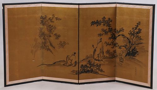 CHINESE HAND PAINTED ON SILK 4 PANEL SCREEN, H 36", W 70" 