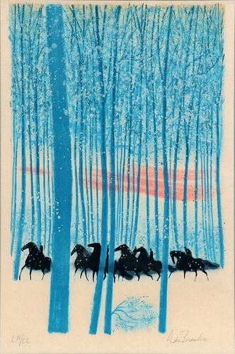 ANDRE BRASILIER (FRENCH, B. 1929), COLOR LITHOGRAPH ON PAPER, H 25", L 19", WINTER HORSES 