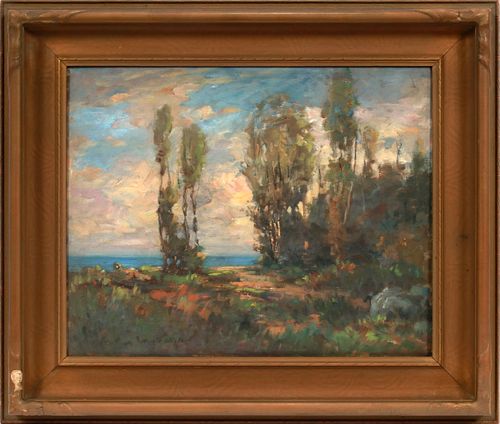 ARCHIE PALMER WIGLE (AMER, MICH, 1885-63), OIL ON CANVAS, H 17", L 20", LAKEFRONT TREES 