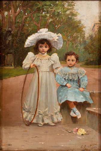 ALBERTO ROSSI  (ITALIAN, 1858–1936) OIL ON BEVELED WOOD PANEL C. 1880-1900 H 17" W 11" VICTORIAN CHILDREN IN THE JARDIN DE LUXUMBOURG 