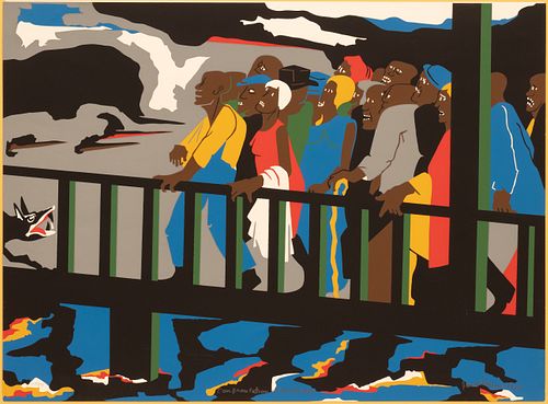 JACOB LAWRENCE (AMERICAN, 1917–2000) SCREENPRINT IN COLORS, ON STRATHMORE PAPER, 1975 H 19.5" W 26" CONFRONTATION AT THE BRIDGE 