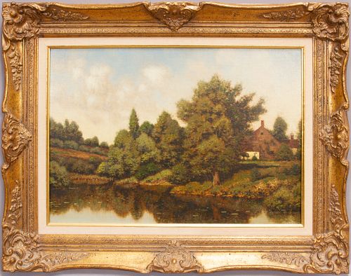 HENRY PEMBER SMITH (USA 1854-07) OIL ON CANVAS H 16' W 24" COTTAGE BY THE POND 