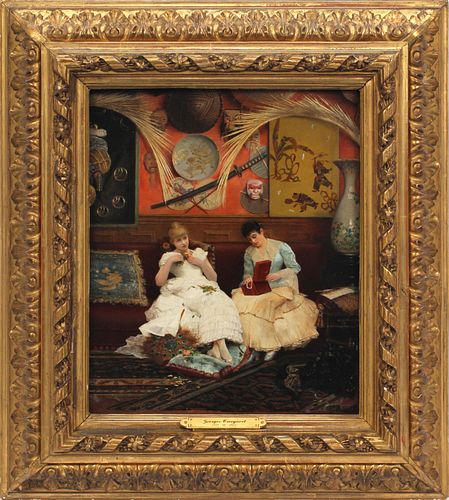 GEORGES GROEGAERT  (BELGIAN 1848-1923) - OIL ON BEVELED MAHOGANY PANEL 19TH C.  H 12.75" W 9.75" LEISURE AFTERNOON IN THE JAPON ROOM 