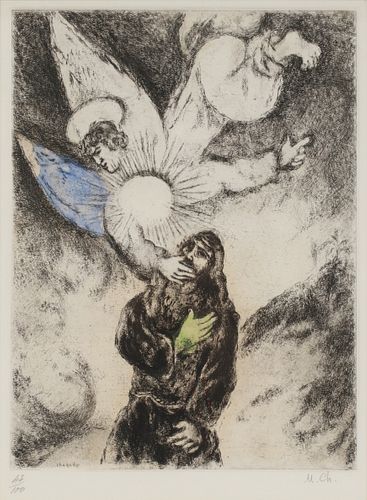 MARC CHAGALL (FRENCH/RUSSIAN, 1887-1985), COLORED ETCHING ON PAPER, #43/100, H 12.5", W 9.25", "VOCATION DE JEREMIE" 