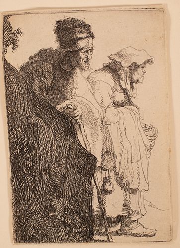REMBRANDT VAN RIJN (DUTCH, 1606–1669), ETCHING AND DRYPOINT, ON LAID PAPER, 1630 H 3.875" W 2.625" A BEGGAR MAN AND WOMAN BEHIND A BANK 
