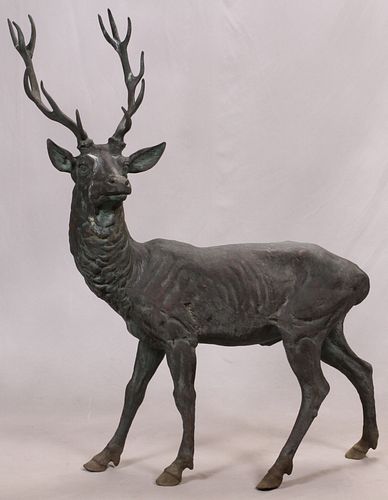 AFTER BARYE, LIFE SIZE BRONZE STAG GARDEN SCULPTURE, H 4' 7", L 4'