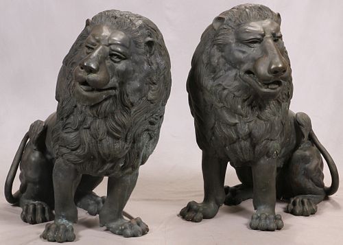 BRONZE GARDEN LIONS, PAIR, H 40", W 21", L 32"