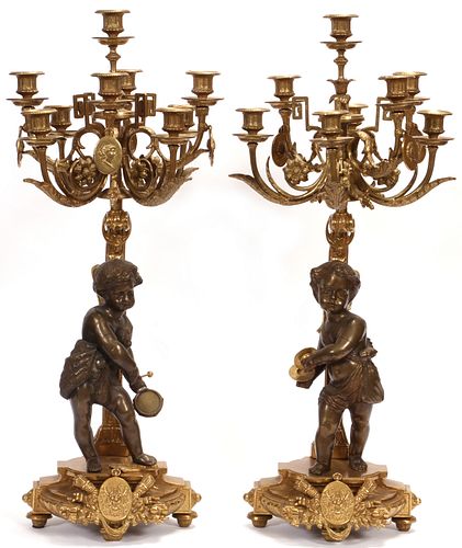 FRENCH MAGNUM SPELTER  CANDELABRUM, WITH TWO TONE BRONZE PATINATION PAIR, H 31", DIA 13" 