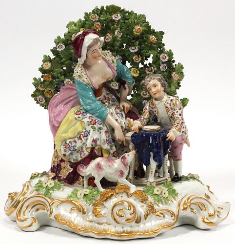 CHELSEA PORCELAIN FIGURAL GROUPING, 19TH C, H 11", W 12", MOTHER WITH CHILD & FIDO 