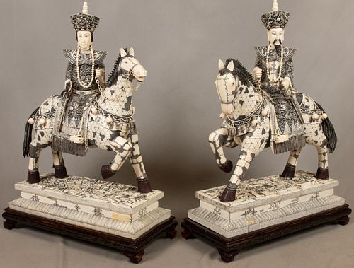 CHINESE MOLDED FAUX IVORY FIGURES ON HORSEBACK, PAIR, H 29", L 22"