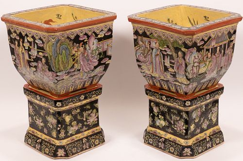 CHINESE CERAMIC POTS ON STANDS, PAIR, H 18.5", W 11"