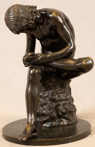 GRECO-ROMAN STYLE BRONZE SCULPTURE, H 18", DIA 13", "BOY WITH THORN" 