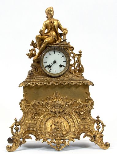 FRENCH GILT SPELTER  FIGURAL PARLOR CLOCK LATE 19TH/EARLY 20TH C.,  H 18" W 12" 