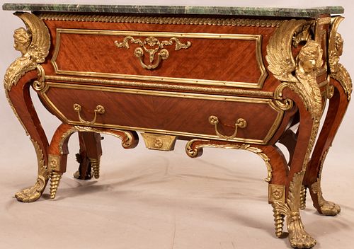 AFTER ANDRE-CHARLES BOULLE LOUIS XV STYLE MARQUETRY AND GILT BRONZE COMMODE 20TH C. H 35" L 54" D 24" 