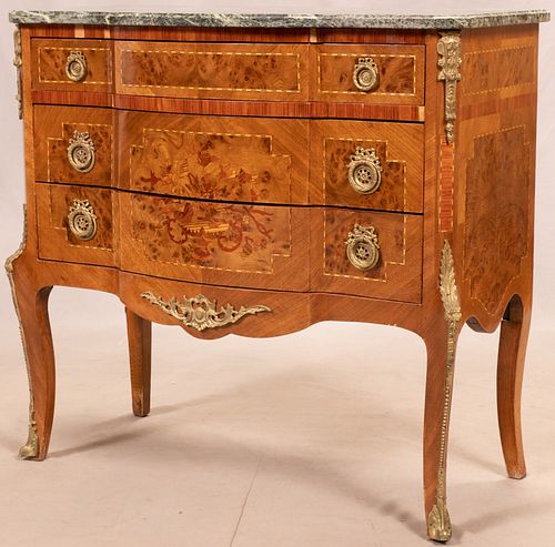 FRENCH  MARBLE TOP MARQUETRY COMMODE, H 32", W 34"