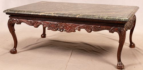 CHIPPENDALE STYLE MARBLE & MAHOGANY COFFEE TABLE, H 20", L 50"
