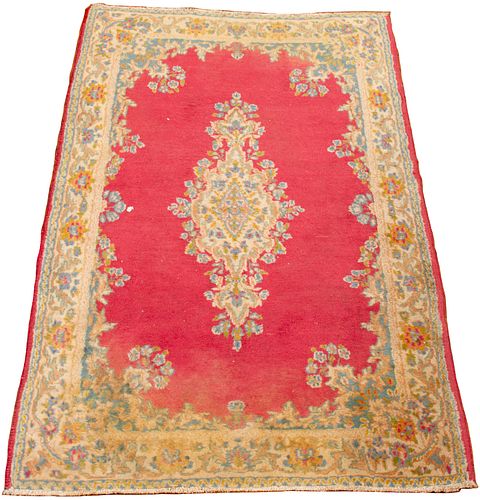 KERMAN PERSIAN WOOL RUG H 4'9" W 3'1" ROSE COLOR GROUND WITH FLORAL DESIGNS 