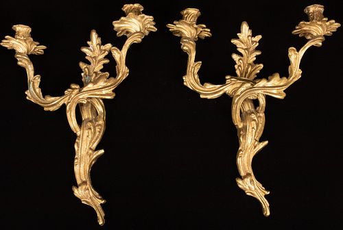 FRENCH STYLE GILT BRONZE SCONCES, PAIR, H 16", W 13"