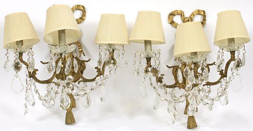 FRENCH STYLE BRONZE & CRYSTAL ELECTRIFIED SCONCES, PAIR, H 17", W 16"