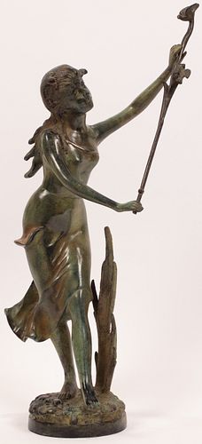 20TH CENTURY ART NOUVEAU BRONZE SCULPTURE WITH GREEN PATINA H 21.5" W 6.5" FEMALE FIGURE WITH BIRDS 