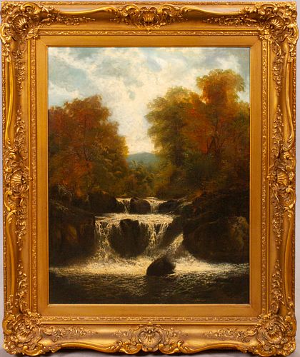 HEYWOOD HARDY, R A. (LONDON, 1843-33) OIL ON CANVAS, H 36" W 28" FOREST AND WATERFALL LANDSCAPE 