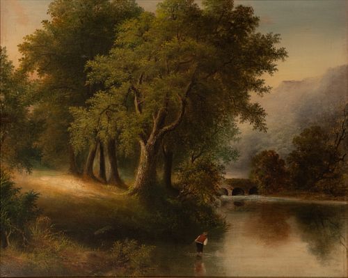 H. KINGCOME, OIL ON CANVAS, H 24", W 29", LANDSCAPE WITH FISHERMAN 