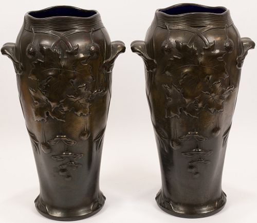 GUSTAVE   DE BRUYN (BELGIAN/FRENCH 1836-1916) FIVES LILLE POTTERY FLOWER VASES, PAIR H 17", DIA 10"   