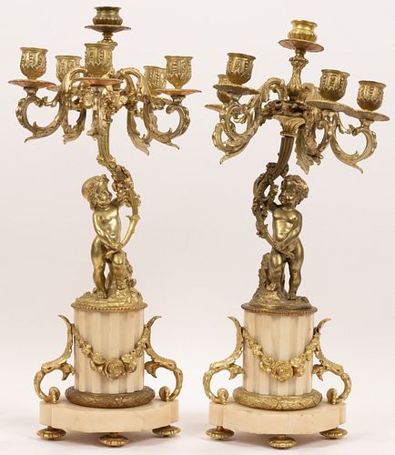 FRENCH BRONZE DORE AND MARBLE CANDELABRAS 19TH.C. PAIR H 19" 