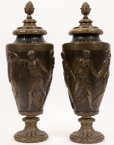 FRENCH CLASSIC BRONZE COVERED "DANCING HOURS" URNS, 19TH.C. PAIR H 18" DIA 6" 
