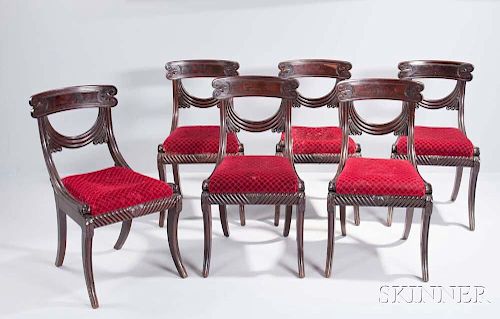 Set of Twelve Carved Mahogany and Mahogany Veneer Grecian Side Chairs