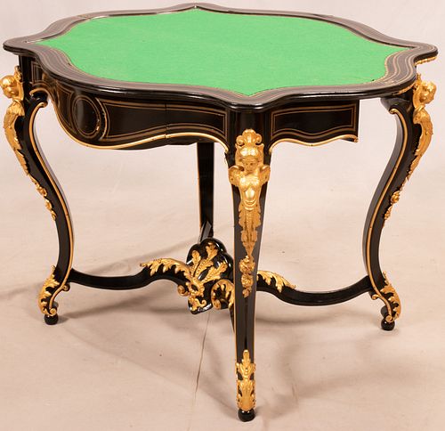 FRENCH BOULLE EBONY GAME - CONSOLE TABLE, BRONZE ORMOLU MOUNTS 19TH.C. H 30" W 40" D 17" 