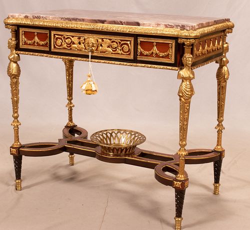 LOUIS XVI STYLE FRUITWOOD & BRONZE ORMOLU MARBLE TOP CENTRE TABLE, IN THE STYLE OF ADAM WEISWEILER H 31", W 33"