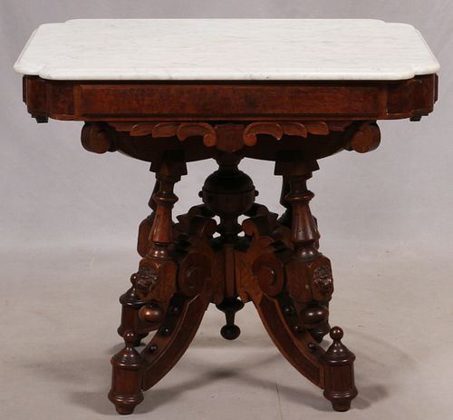 RENAISSANCE REVIVAL WALNUT AND MARBLE TOP TABLE C. 1870, H 29" W 24" L 33" 