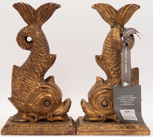 GILT WOOD DOLPHIN BOOKENDS, PAIR, H 13", W 7"
