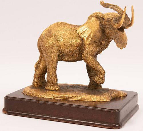 ANTHONY JONES, (20TH CENTURY), 24K GOLD PLATED OVER BRONZE, H 10" W 9.5" D 6.5" THE GOLDEN ELEPHANT 