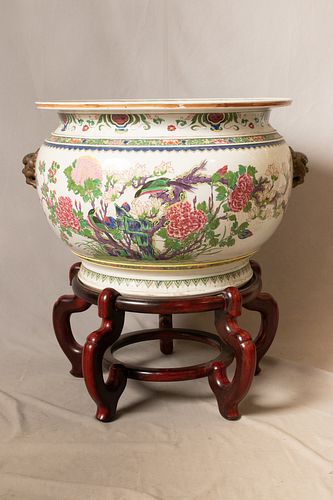 CHINESE HAND PAINTED PORCELAIN PLANTER & STAND, H 16", DIA 24"