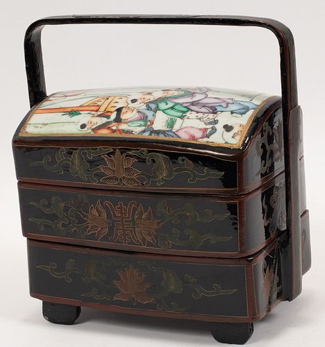 CHINESE LACQUERED WOOD & PORCELAIN TEA CADDY, 19TH C, H 9", W 8.75"