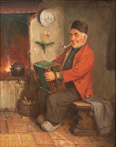 ACERVI LIGAU, (ITALY 1902 - ) OIL ON CANVAS, H 20" W 16" ACCORDION PLAYER 
