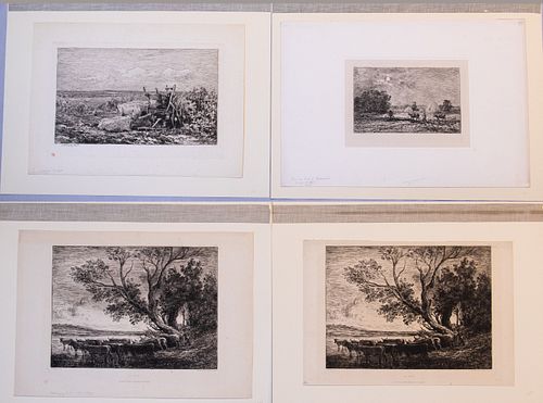 CHARLES FRANCOIS DAUBIGNY (FRENCH, 1817–78) ETCHINGS WITH DRYPOINT, H 5.375-10", W 8.625-13.25", CLAIR DE LUNE A VALMONDOIS (2ND STATE); LA VENDANGE (
